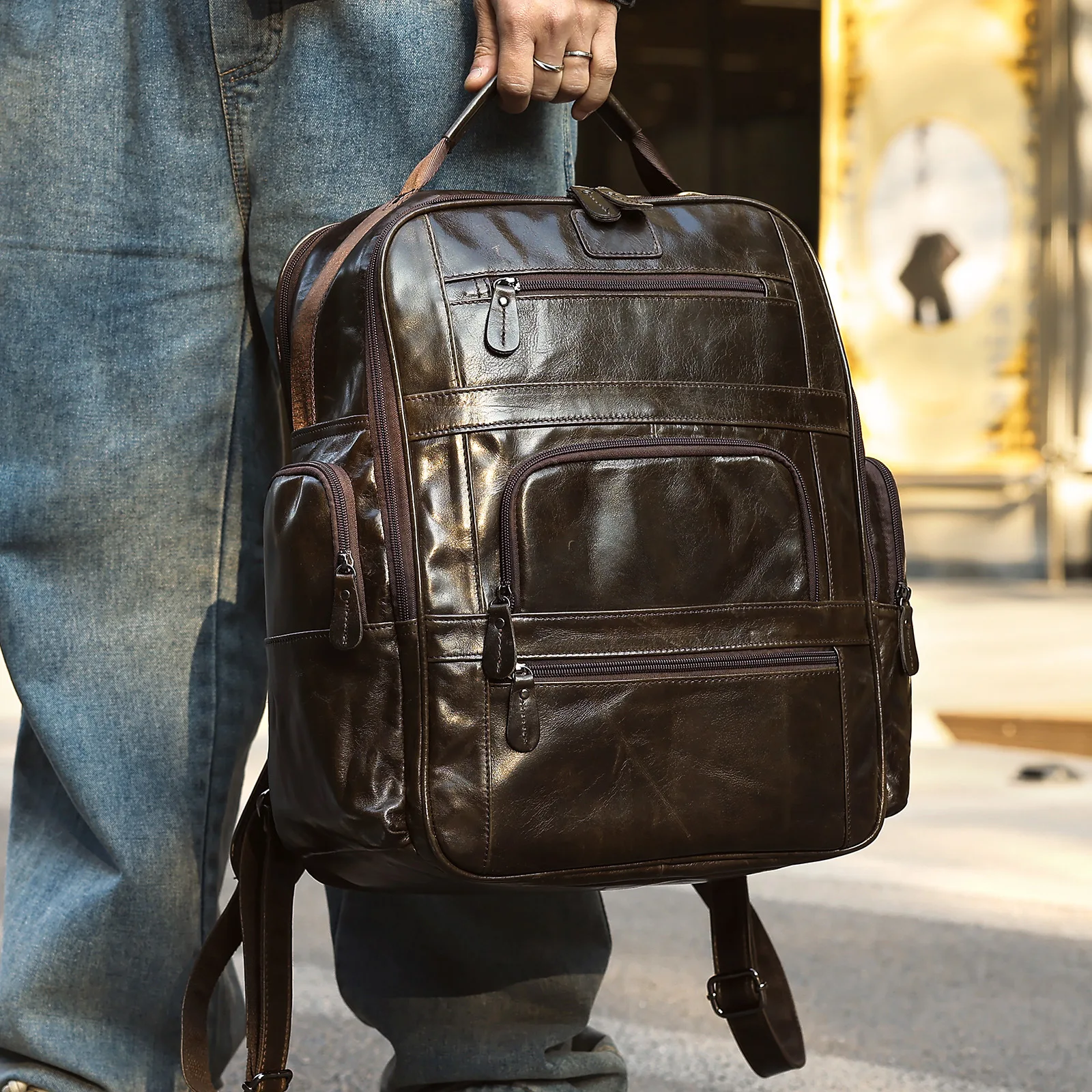 

Top Layer Cowhide Men's Bapa Large Capaci Travel Bag Vintage Oil Wax Leather Casual Sle Double oulder Bag for Youth