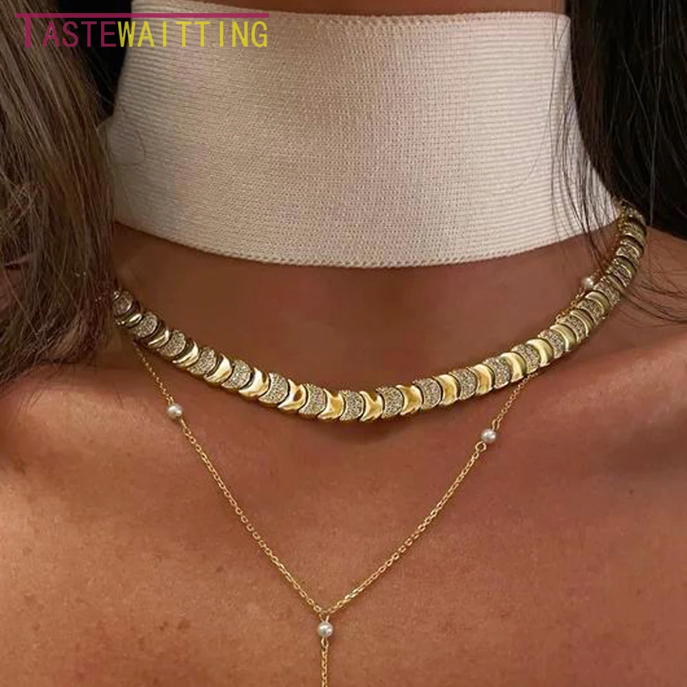 2024 Geometric Moon Shaped Charm Link Chain High Polished Micro Pave Cz Gold Color Bracelet Necklace Fashion Women Jewelry