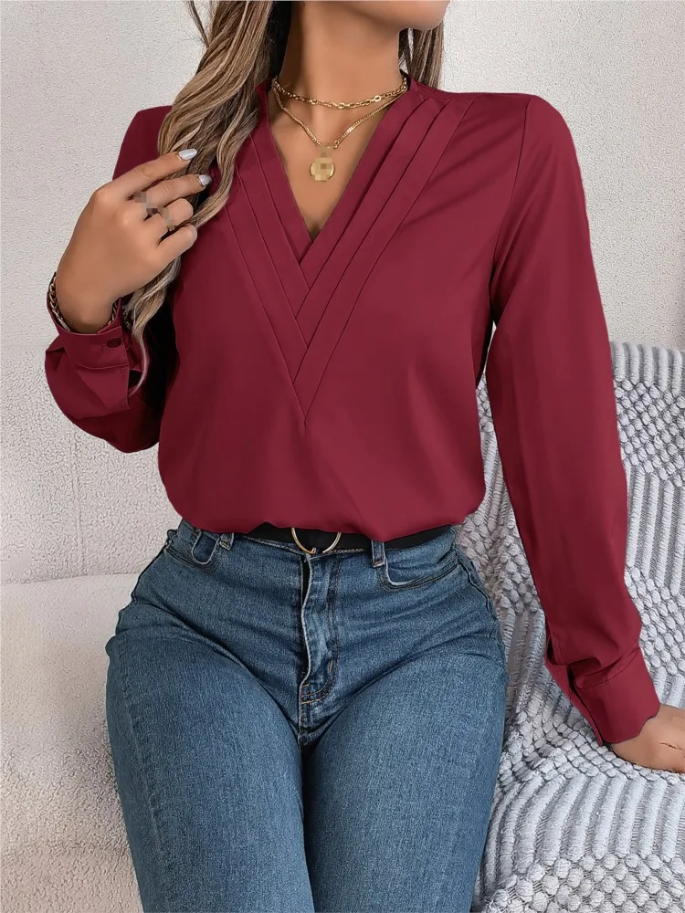 Primavera feminina senhora do escritório camisa em camadas elegante negócios moda blusas casual cor sólida com decote em v solto blusa de manga longa