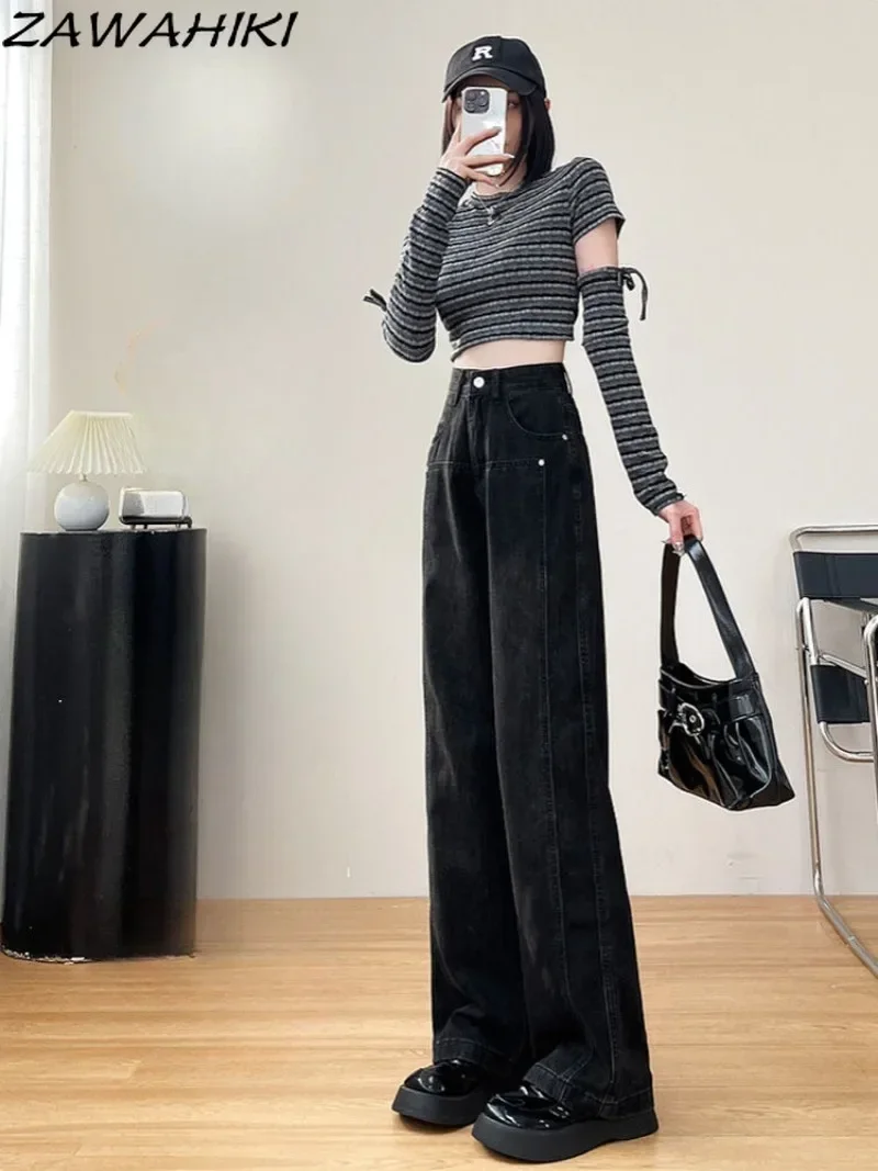 Spring Autumn Black Straight Solid Color Casual Loose Baggy Jeans Women High Waist Wide Leg Y2K Aesthetic Denim Pants Streetwear