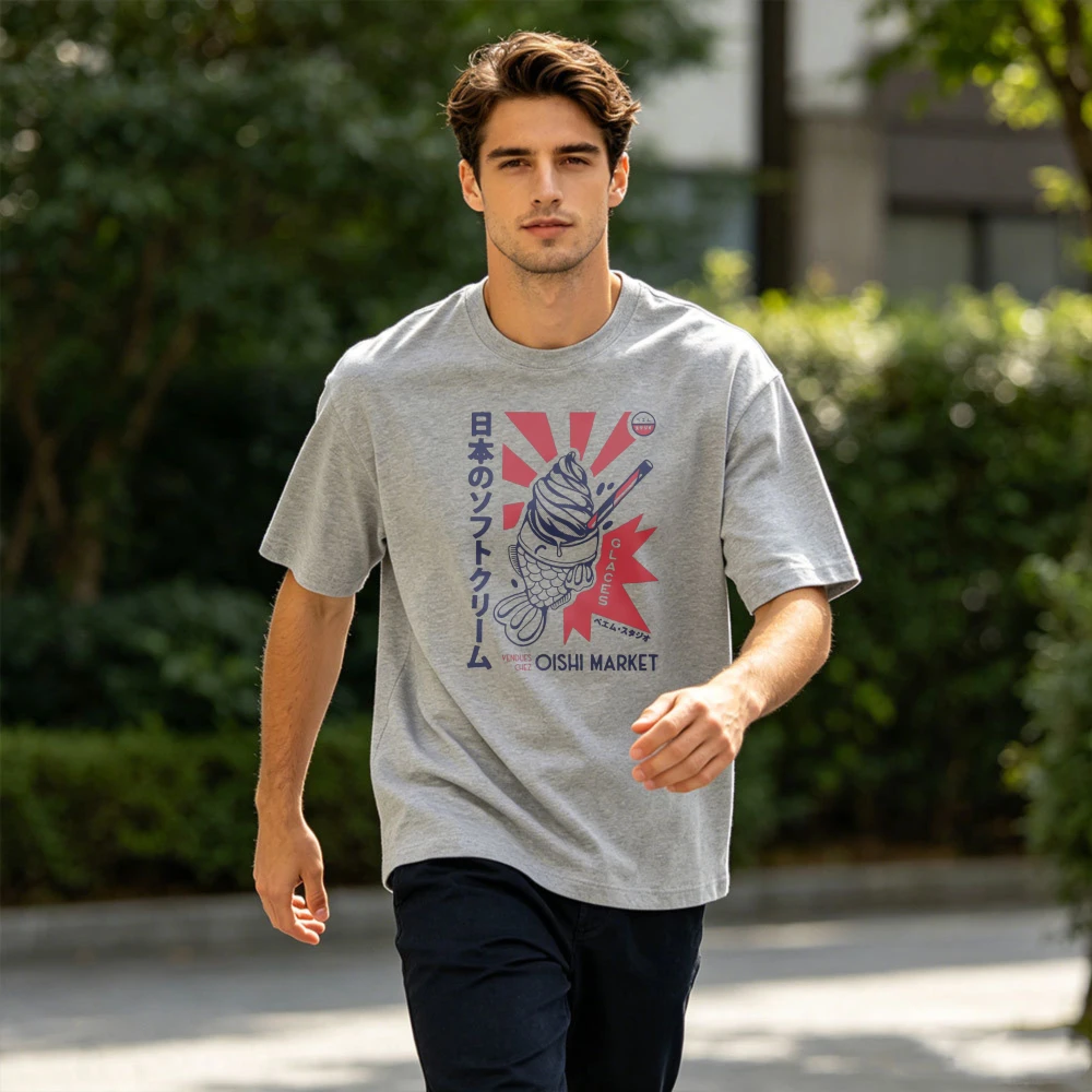 Japanese Taiyaki Soft Serve Ice Cream Vintage Text Graphic Men Summer Cotton T Shirt Asian Street Food Retro Print Short Sleeve