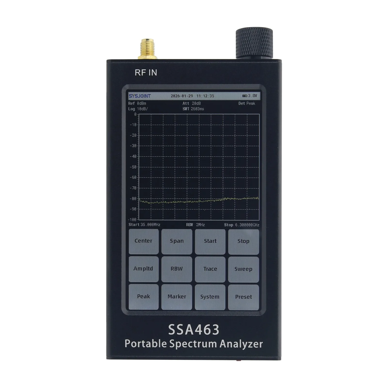 HamGeek SSA463 Portable 35MHz-6.3GHz High Precision Spectrum Analyzer 2MHz/250kHz/15kHz Switchable RBW with 4.3-inch Screen