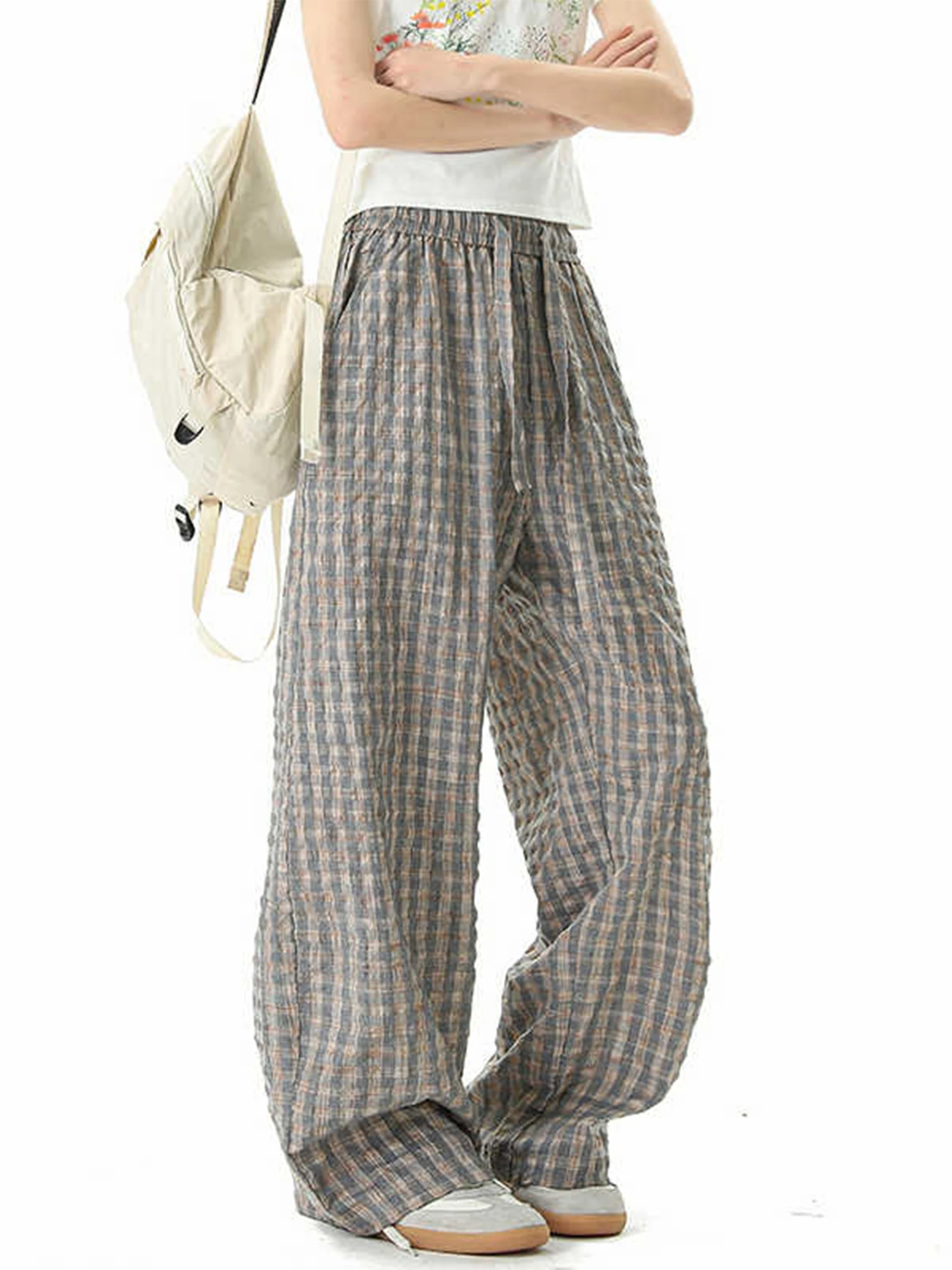 

Women's Baggy Plaid Long Pants Oversize Sweatpants with Elastic Band Harajuku Japanese 2000s Style Vintage Y2k Trousers Clothes