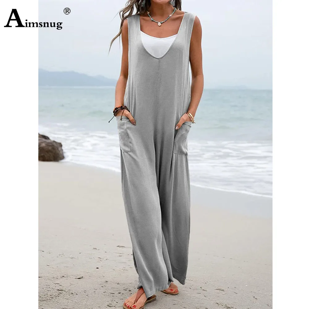 Women Casual Stand Pocket Jumpsuit Sleeveless V-neck Onesie Bodysuits Female Wide Leg Pants 2024 New Summer Leisure Beachwear