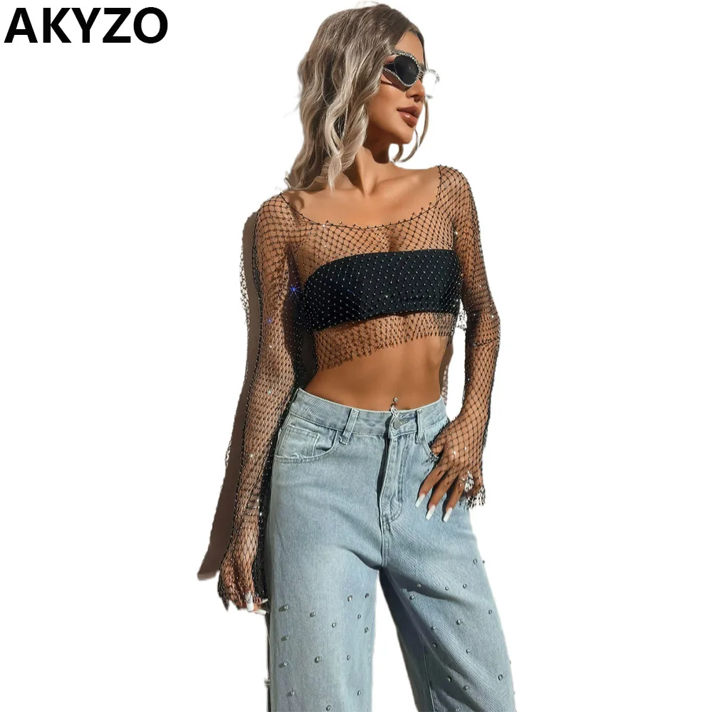 

AKYZO Sexy Long Sleeve Rhinestone Fishnet Mesh Top Sparkling Slim Fit Crop Top For Party Women's Clothing