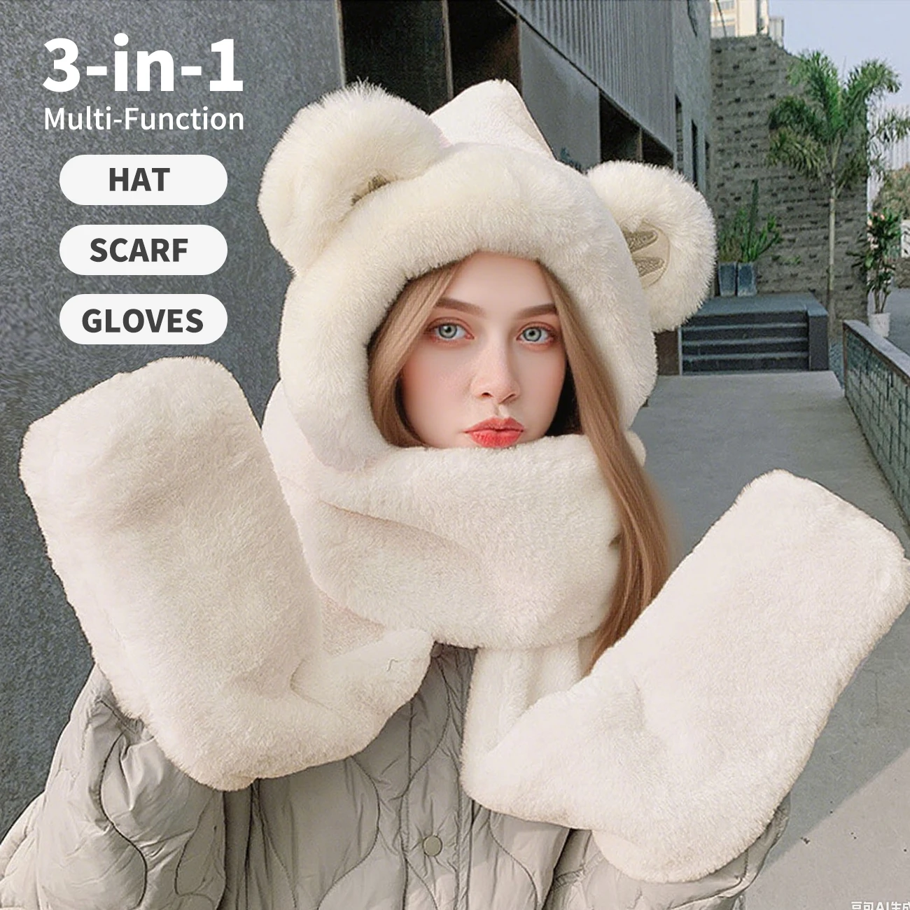 3-in-1 قبعة وشاح قفازات مجموعة النساء الشتاء أفخم الصوف الدب مقنعين وشاح فروي الرقبة أدفأ ملحق للتزلج على الجليد