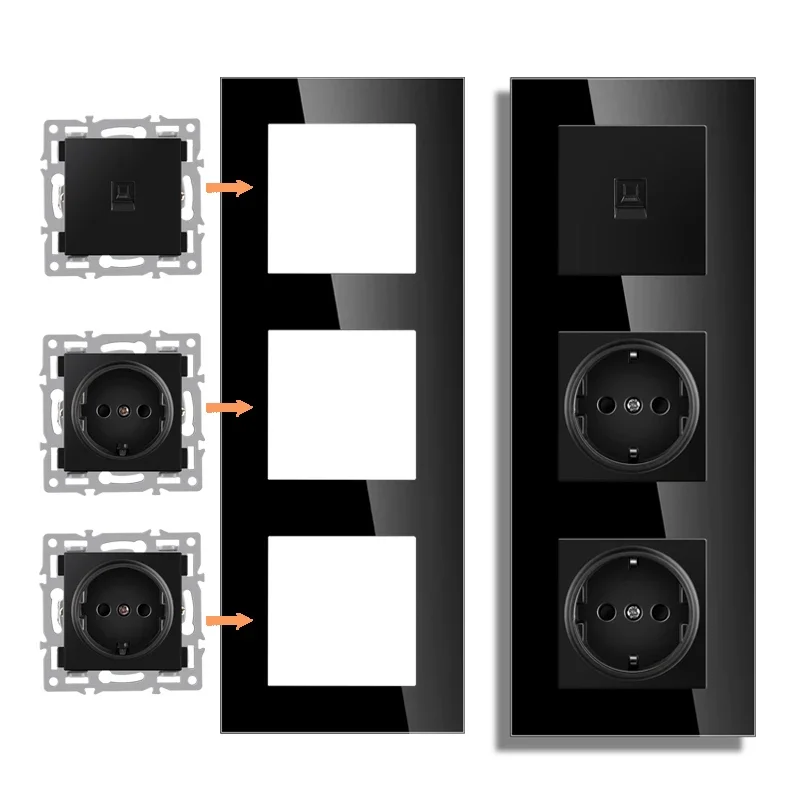 NYWP wall-mounted module diy European standard black tempered crystal glass panel socket switch button function free combinatio