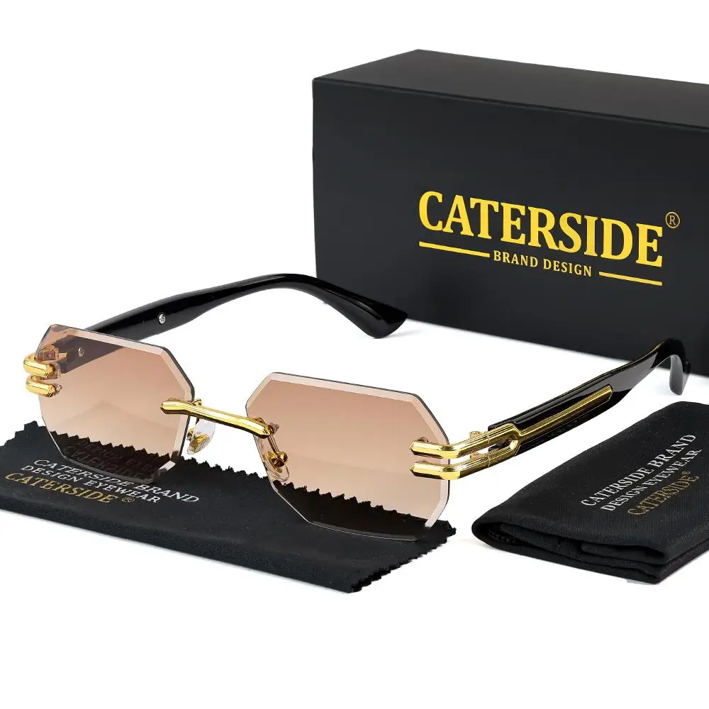 CATERSIDE Neue rahmenlose Sonnenbrille für Herren, modische polygonale Spiegellinsen mit Farbverlauf, Metallrahmen, Damen-Party-Sonnenbrille für den Außenbereich – Detail 26