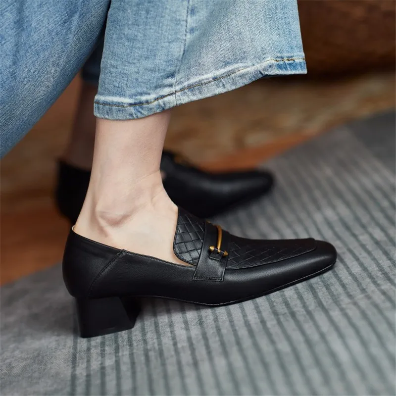 Women Shoes Fashion Genuine Leather Loafers Slip-On Spring/Autumn Women\'s Flat Shoes Square Toe Thick Heel Handmade Size 34-40