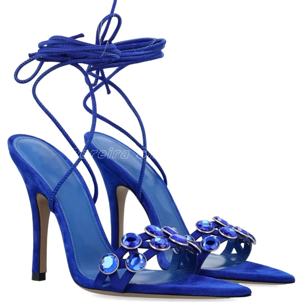 Blue Rhinestone Lace Up Open Toe Sandals Sexy Solid  Cross Strap Ankle Back Strap One Strap Summmer Luxury High Heel