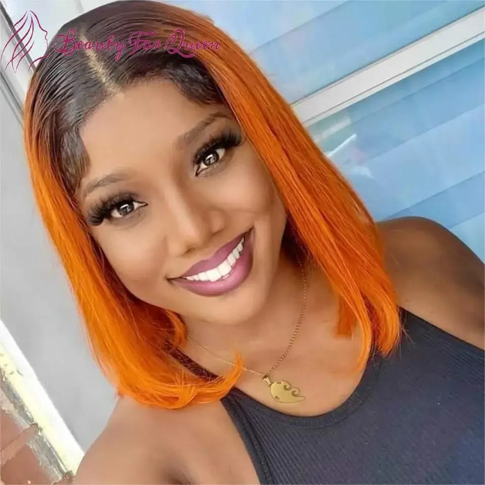 brazilian-colored-human-hair-wig-200-density-ombre-1b-orange-straight-short-bob-transparent-13x4-lace-frontal-wigs-for-women