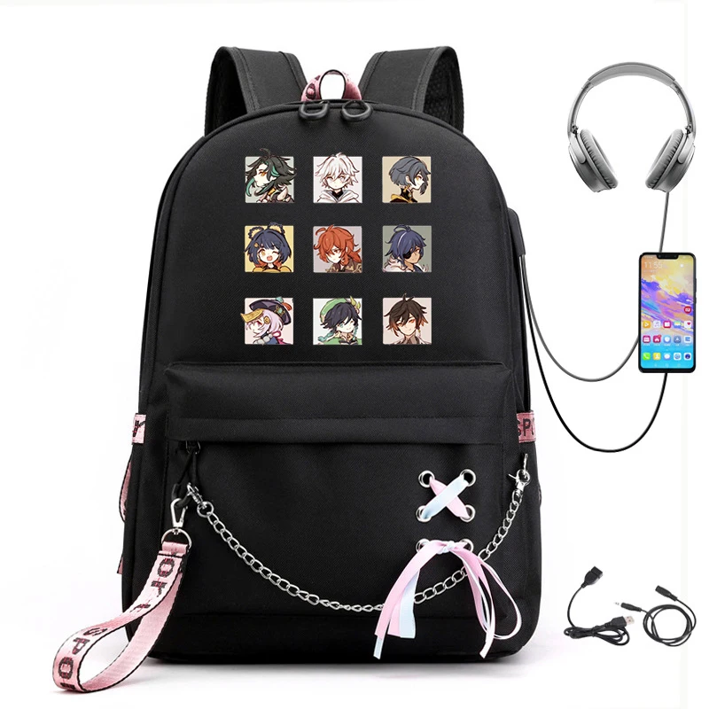 

Genshin Impact Casual School Bags for Girls Women Backpacks Fashion School Backpack USB Charging Schoolbag Backpack Bag Mochila