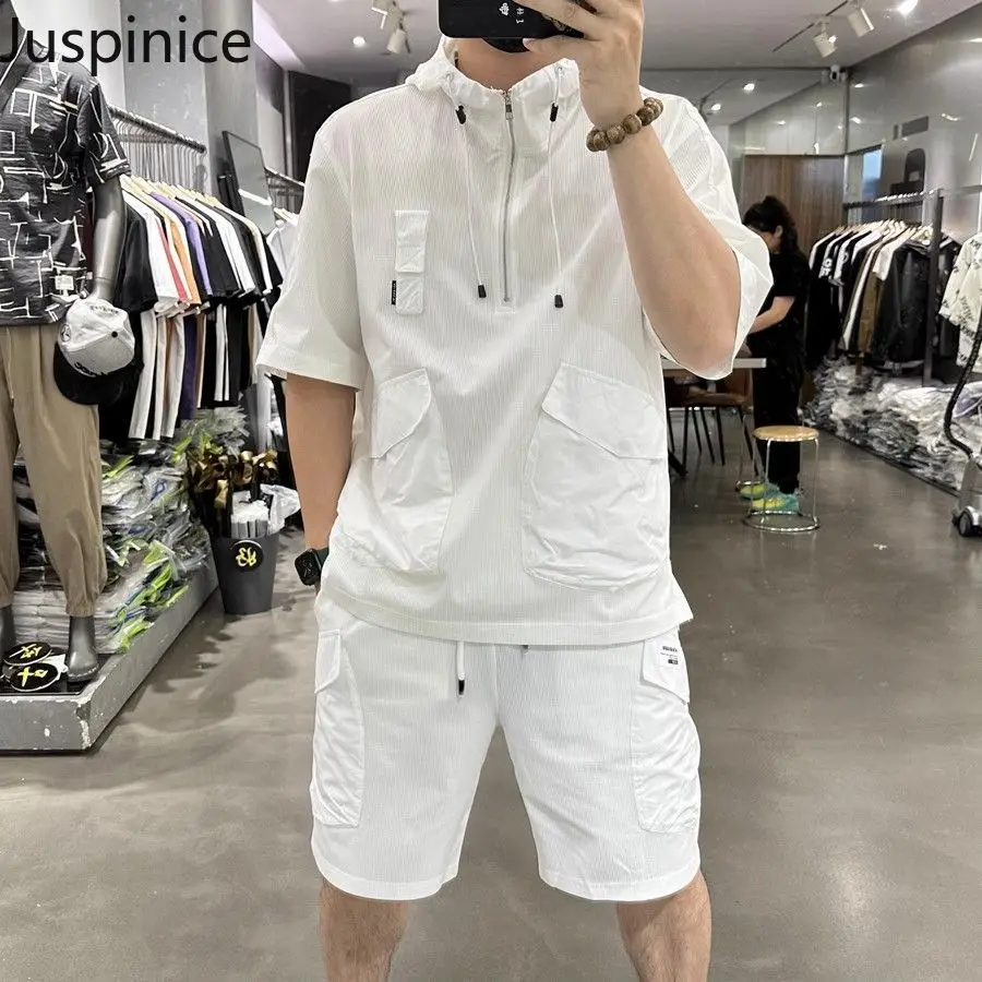 

Summer Hooded Zipper Short-sleeved Sweatshirt Shorts Suit Men's Workwear Sports Loose Casual Tops Five-quarter Pants Set