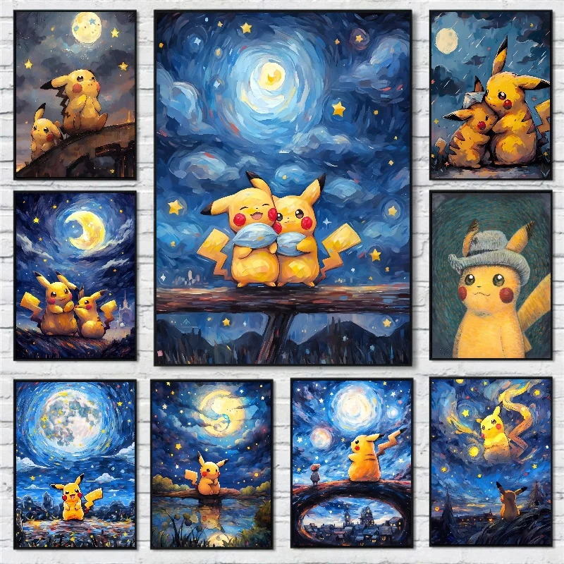 Pokemon Anime Van Gogh Characters Pikachu Charmander Canvas Posters and Prints Decoration Living Room Bedroom Wall Art Pictures