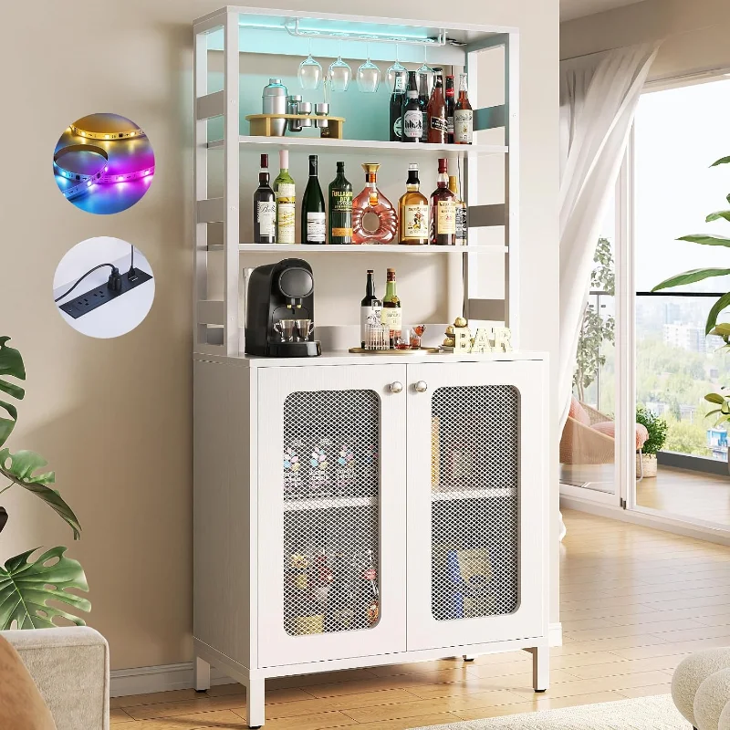67 Inch Tall Bar Cabinet with Power Outlets Wine Storage Rack Modern Liquor Cabinet for Home Pub