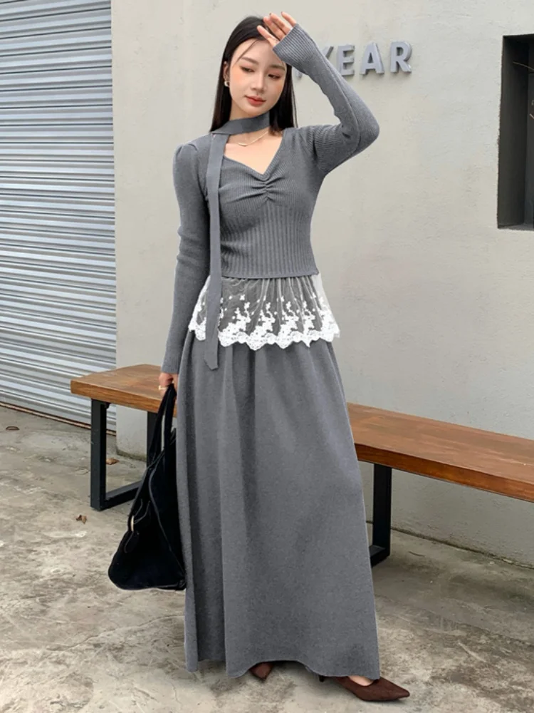 새로운 패션 달콤하고 매운 소녀 레이스 패치워크 브이넥 긴팔 상의 투피스 세트 하이웨이스트 롱 스커트 니트 2피스 의상