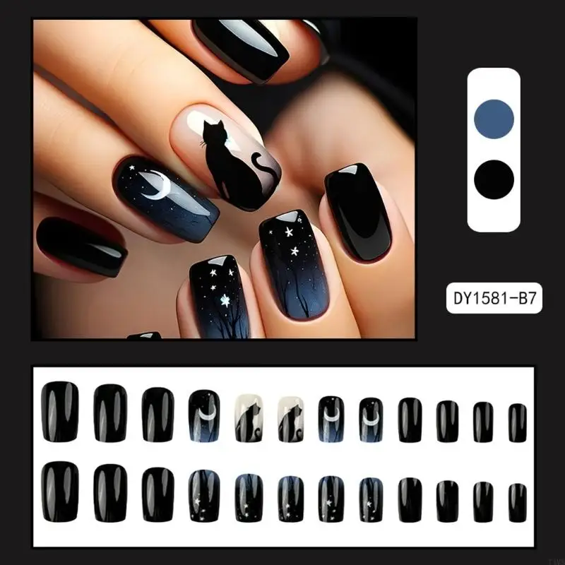24 PCs schwarze Katzen kleben auf Nagelverlauf künstlicher Nagelmond und Sterne falsche Nagelglanzpresse auf Nagel für Frau T4MB