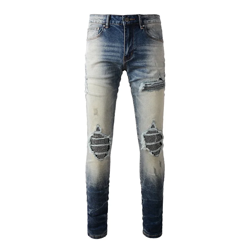 

Men's High Street Styles Holes Crystals Patchwork Distressed Stretch Slim Fit Rhinestones Patches Old School Washed Denim Jeans