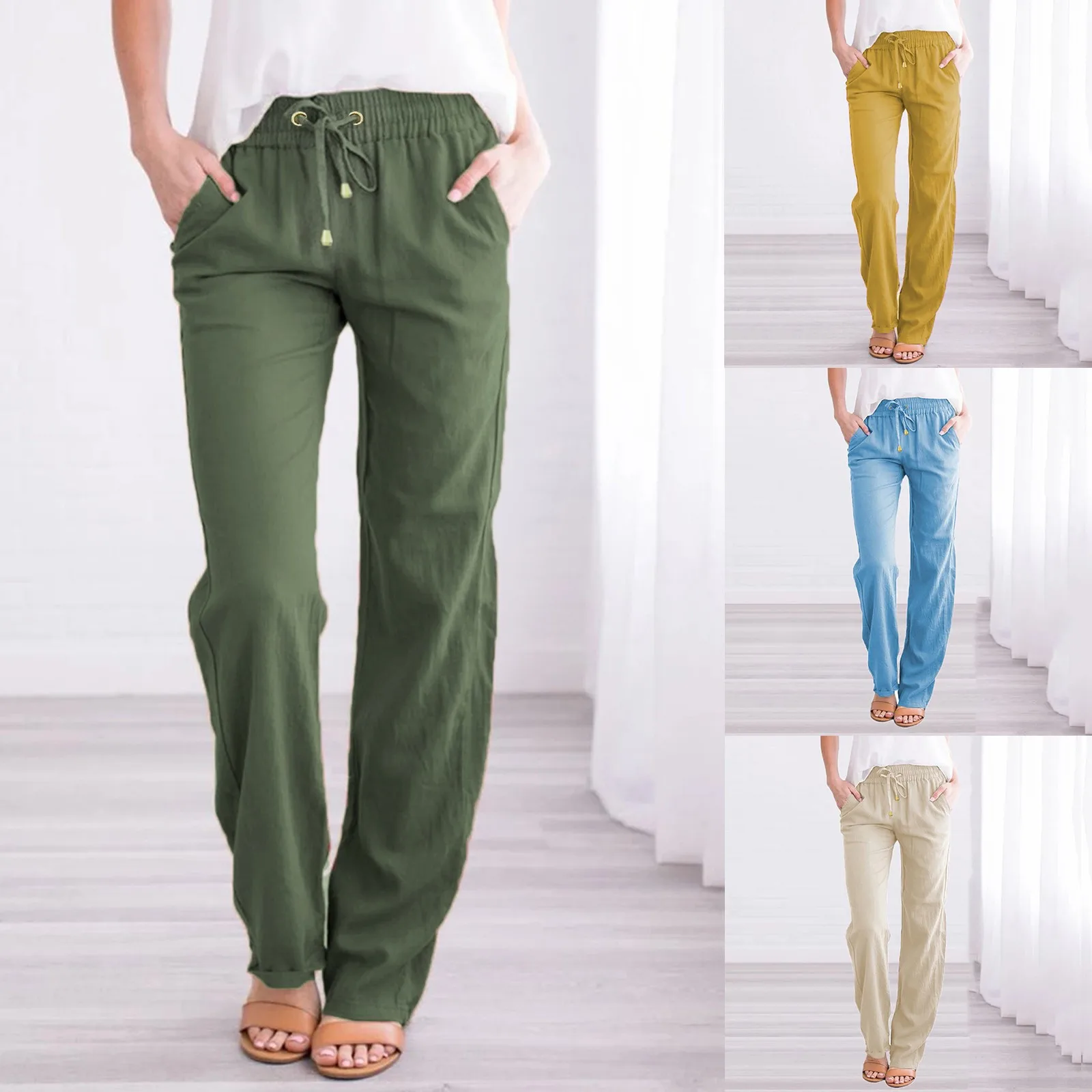 

Women Cotton Linen Pants Solid Color Elastic Loose Drawstring Wide-Leg High Waist Trousers Female Stretch Straight Casual Pants