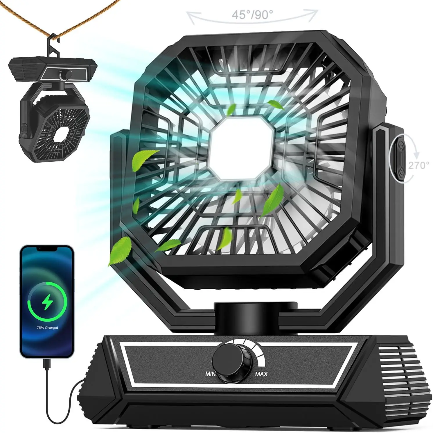 

20000mAh Rechargeable Camping Fan with LED Lantern, Portable Battery Operated for Travel, Picnic, Office & Home