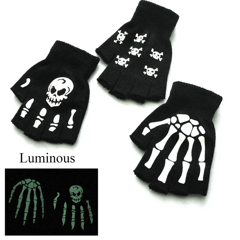 

Motorcycle Knitted Half Finger Riding Gloves Halloween Luminous Fluorescent Skull Claw Printing Non-Slip Gloves Moto Accessories