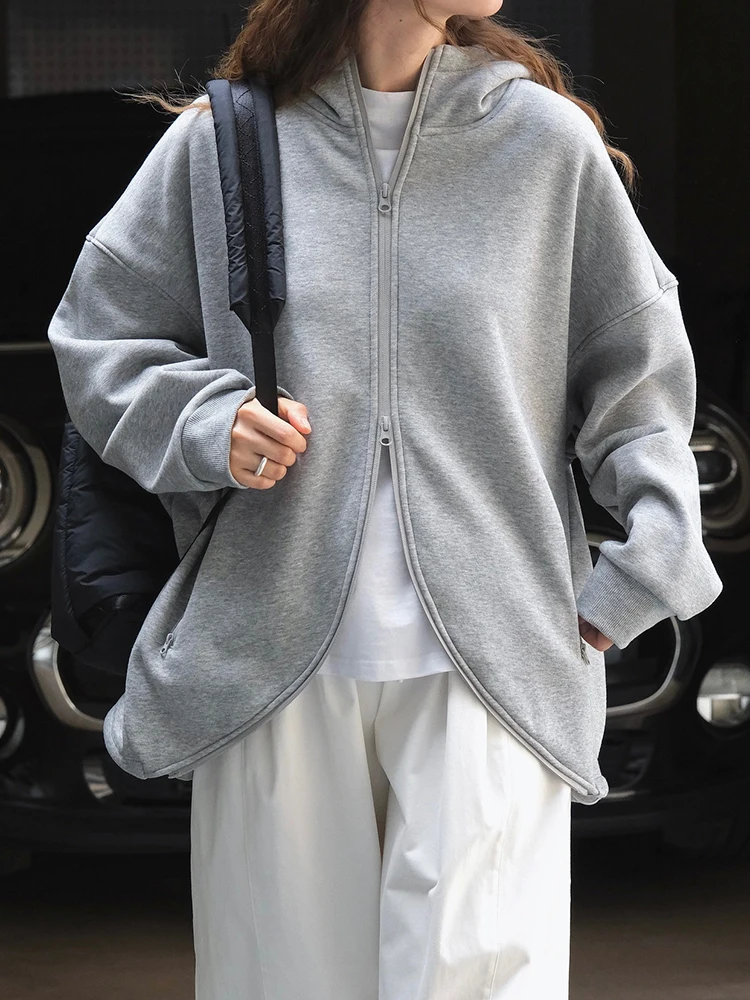 [EAM] Gray Irregular Hem Big Size Casual Jacket New Hooded Long Sleeve Women Coat Fashion Tide Spring Autumn 2024 1DH7115