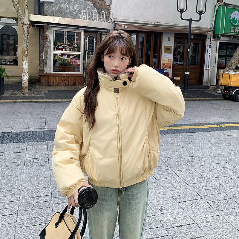 여성용 겨울 자켓 패션 플러시 칼라 푸퍼 다운 코튼 코트 하라주쿠 레트로 라펠 숏 파카 한국 스트리트 패딩 자켓