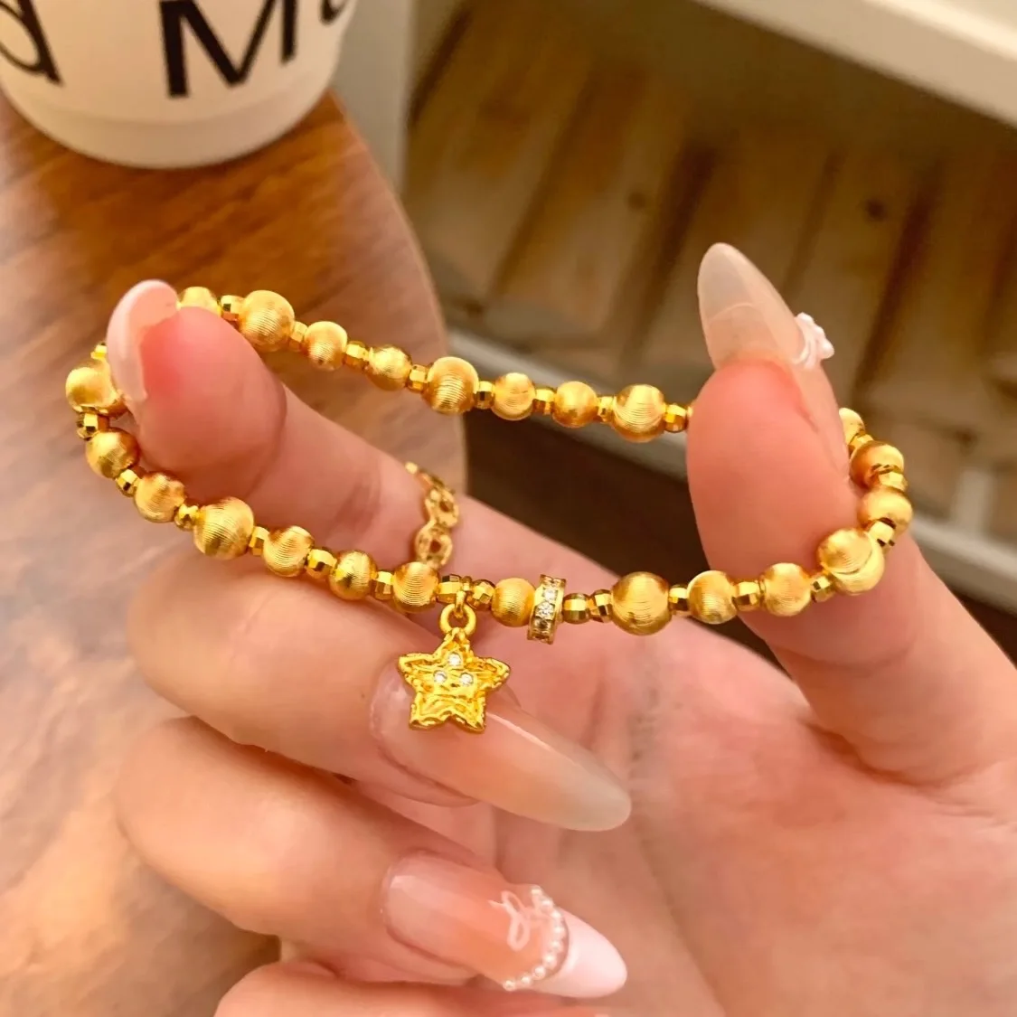 Fashion 18k Real Gold Plated Bracelets for Women Men Brushed Finish Bead Hand Ornaments Meteor Star Shaped Pendant Charm Jewelry