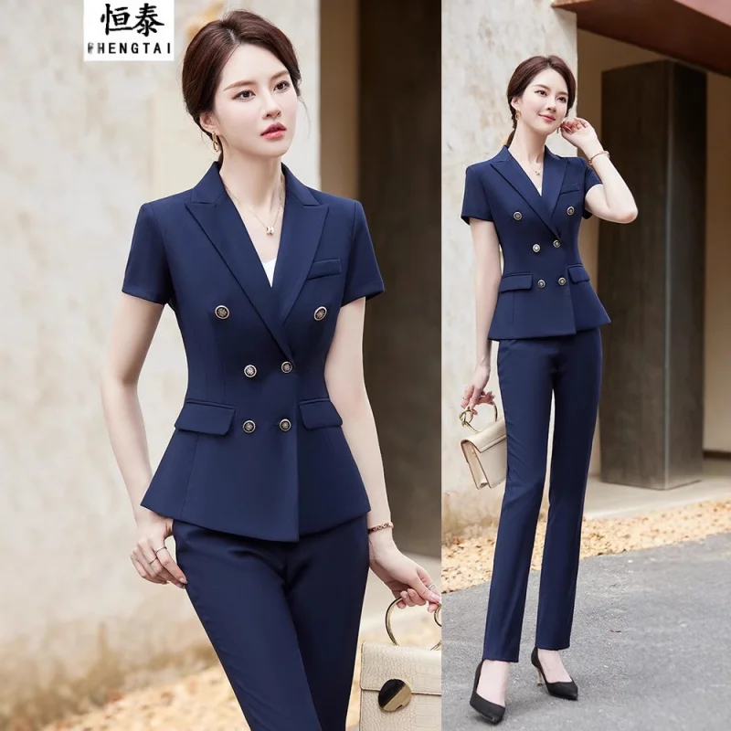 Professional Double-Breasted Suit for Women Summer Jewelry Store Workwear Hotel Reception Work Outfit Beautician Elegant Profess