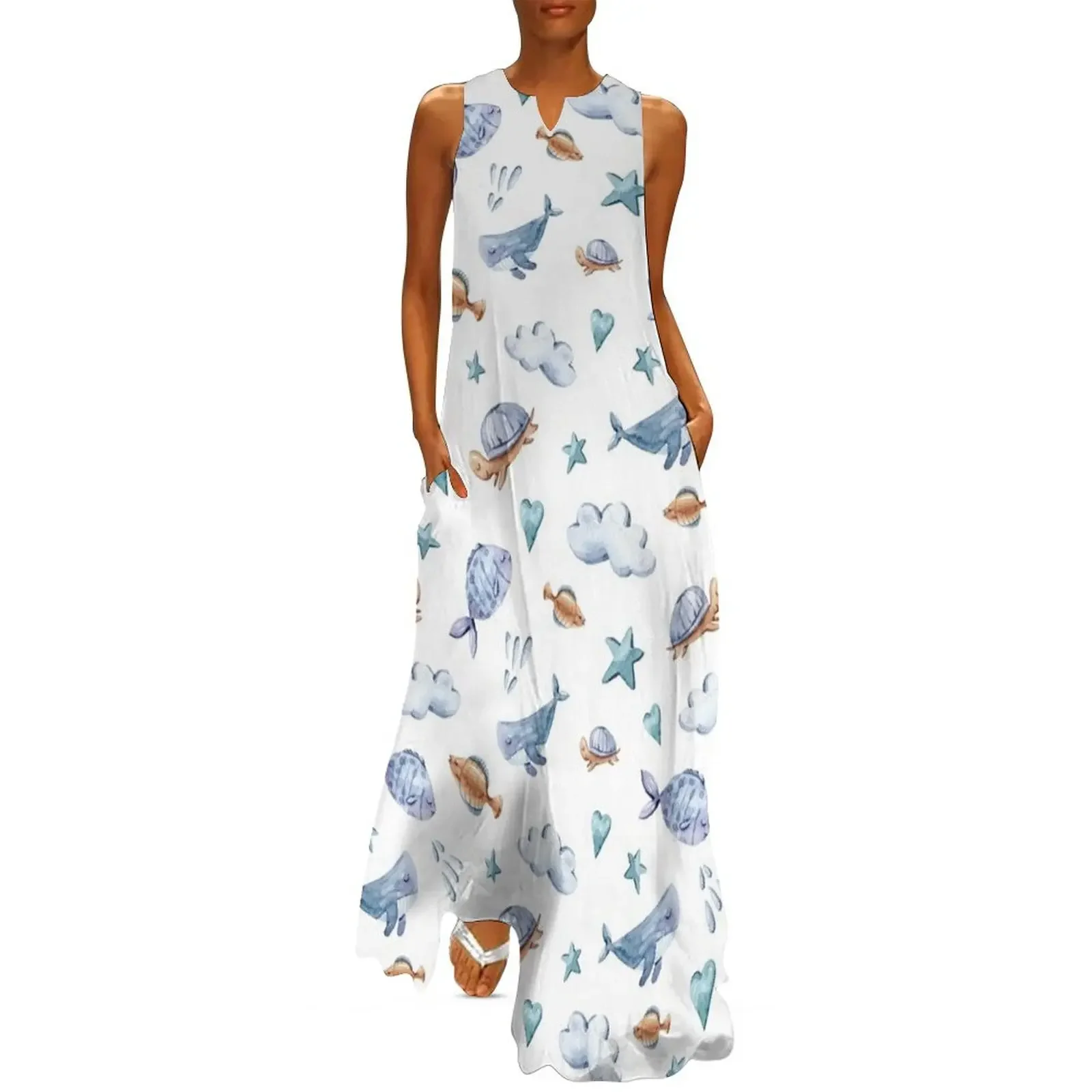 

Watercolor hand painted cute whale and fish illustration Long Dress wedding dresses for parties Dress for pregnant women Dress