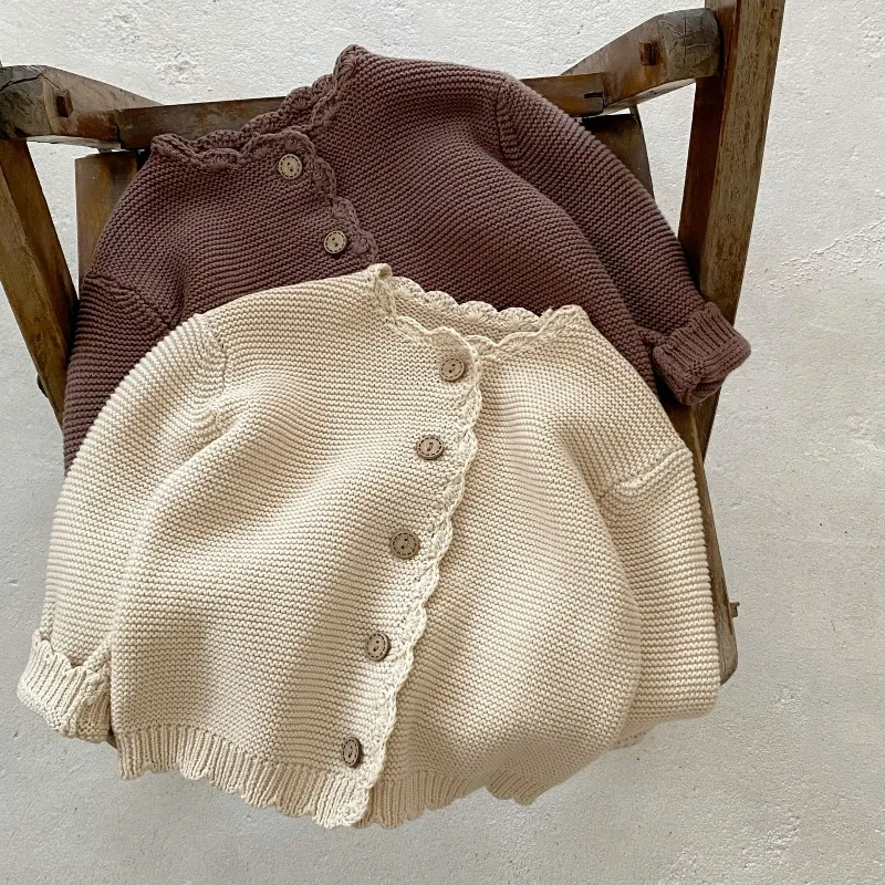 Baby Spring Knit Cardigan Solid Color Crew Neck with Hand Crochet Trim  Pure Cotton Long Sleeve Unisex Kids Outerwear