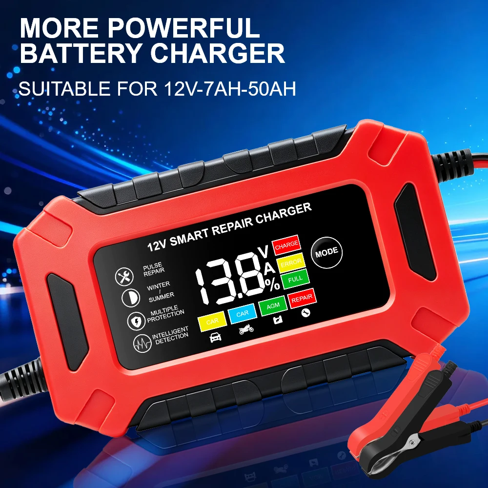 Chargeur universel 12V 6A pour camion, moto, camping-car, voiture, chargeur de batterie intelligent avec écran LCD numérique, charge rapide intelligente.