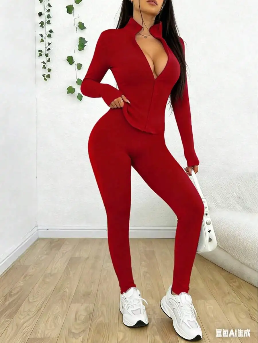 

Womens Red Slim Fit Jumpsuit Set For Casual Dating Commute