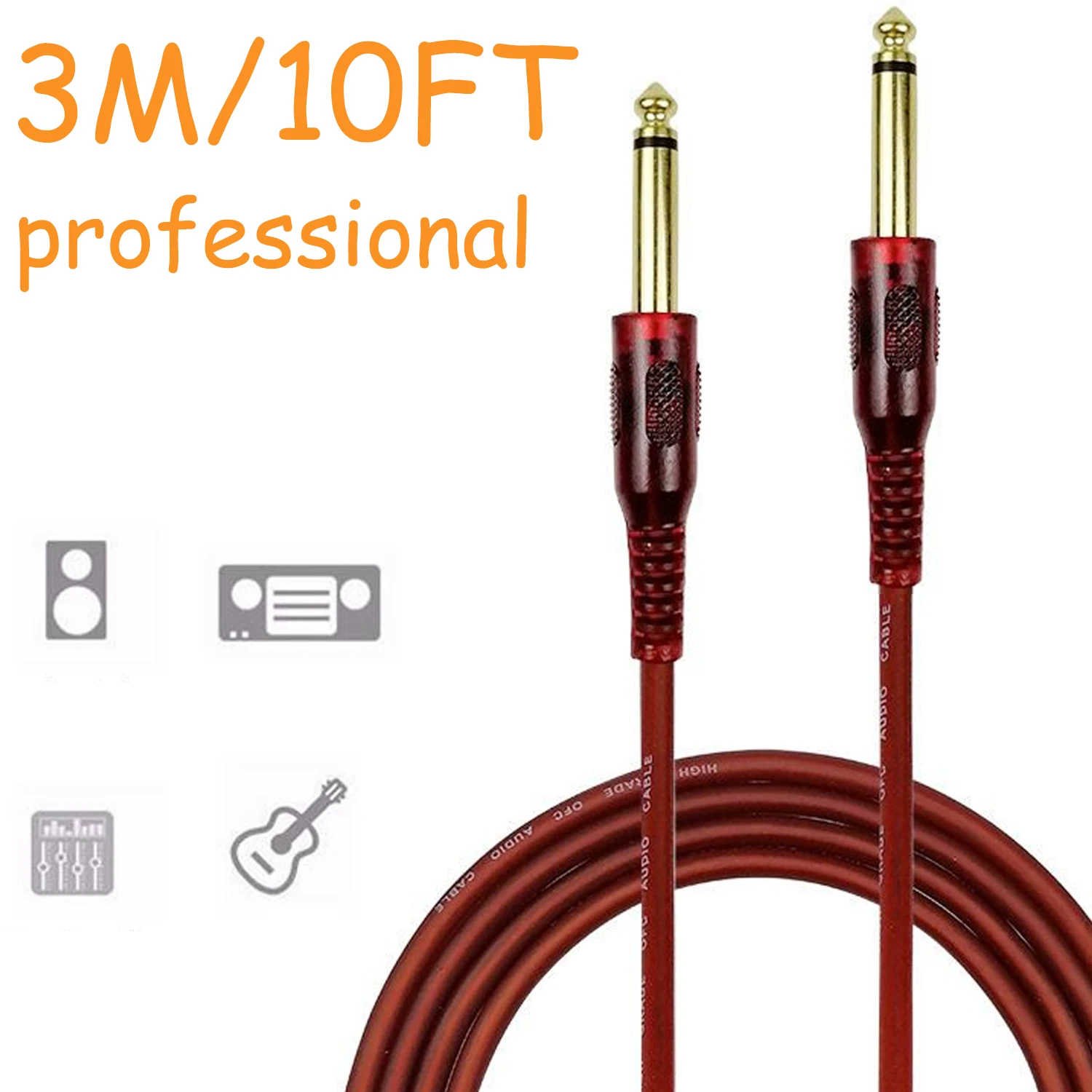 1pc 6.35mm 1/4in TRS Cable: 10ft/3m Audio Cable for Electric Guitar, Bass, Speaker - AMP Cord 1/4 Straight to Straight - Red