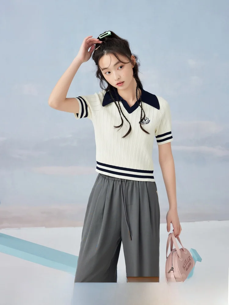 

ZiHAN Color Blo ort Sve Knitted irt Women's Summer New Sle Casual V-Ne Pullover Slim Fit Base irt Sweet Sle