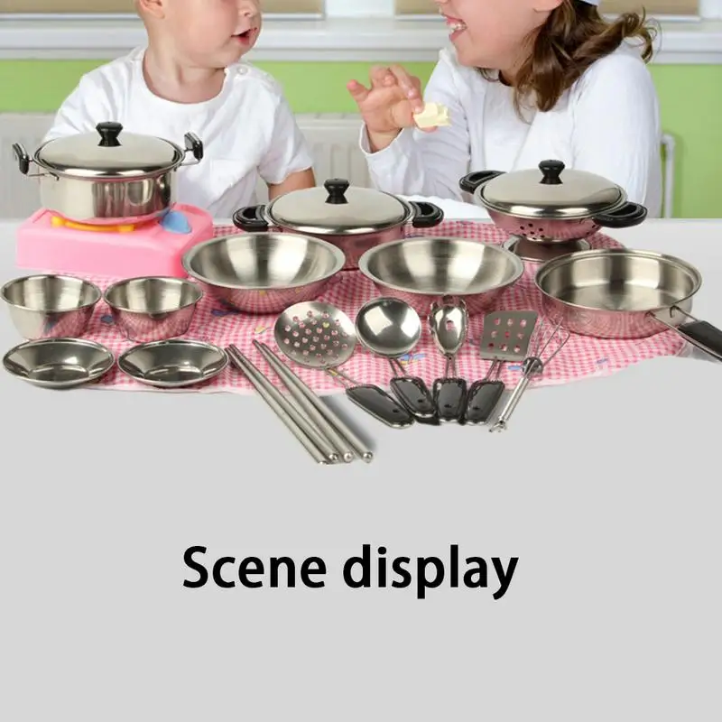 20Pcs/Set Kitchen Pretend Play Toys Miniature Stainless Steel Pots and Pans Cookware Cooking Role Play Toys Great Gift for Kids