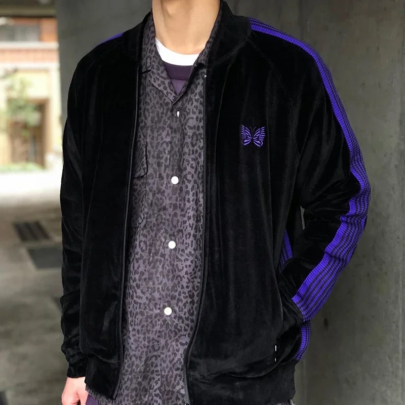 Purple Track Stripe+Butterfly Embroidery Cotton Velvet Coat Zipper Men Women Oversize Lapel Collar Long Sleeve Jacket