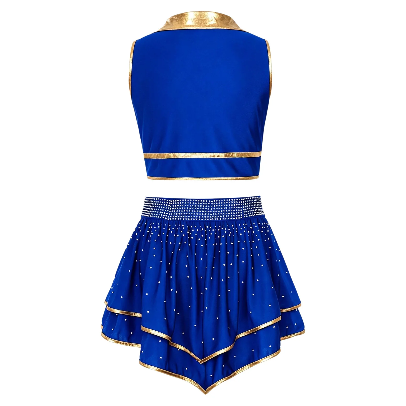 Cheerleader-Kostüm für Mädchen mit Metallic-Besatz, Strass-Cheerleading-Uniform, ärmelloses Crop-Top mit V-Ausschnitt und Rüschenrock – Detail 4