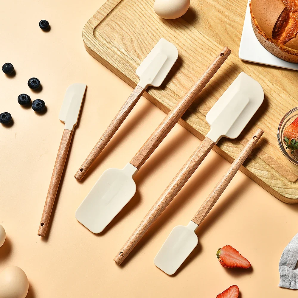 5Pcs/Set White Silicone Cream Spatula Non-stick Pastry Blenders Wood Handle Chocolate Butter Baking Scraper Kitchen Cake Mixer