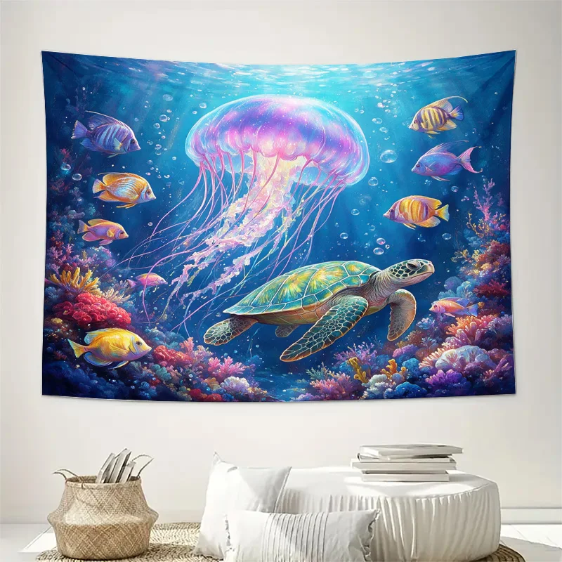 Ocean Jellyfish Fish Sea Turtle Curtain Decor Semi-Sheer Tropical Underwater Window Treatment for Kids Nursery Kids Bedroom Home