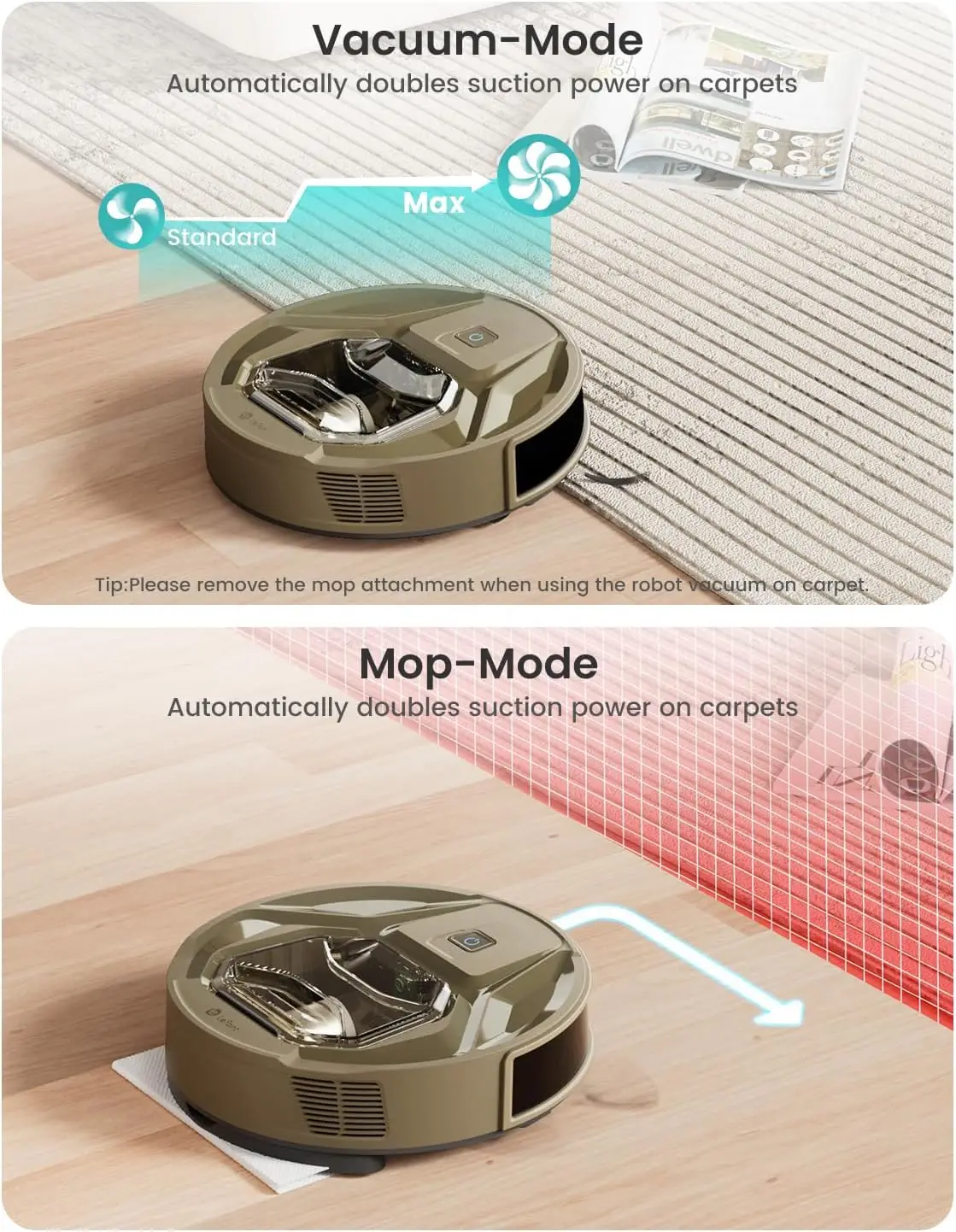 كشف السجاد، شفط 8000 باسكال، ضوضاء منخفضة، سلة مهملات مرئية 800 مل، وقت تشغيل 360 دقيقة، شحن ذاتي، مثالي للأرضيات الصلبة
