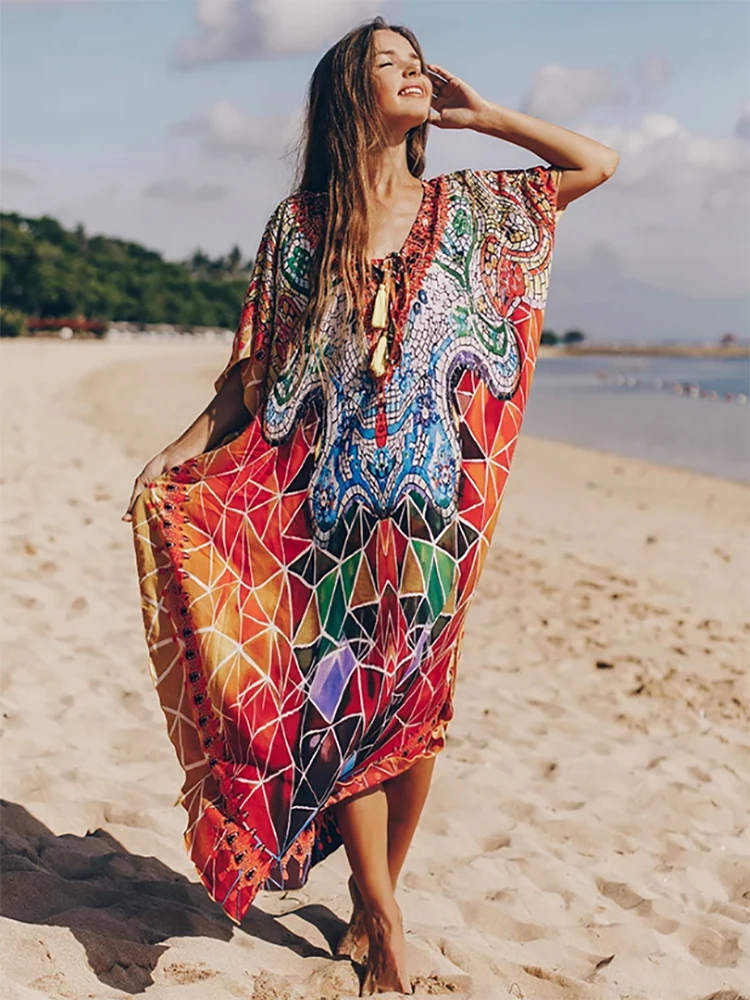 

SUNFORYOU Cover-ups Caftans Plus size Robe De Plage Quick Drying Swim Tassel Kaftan Dresses for Women Pareo Beachwear