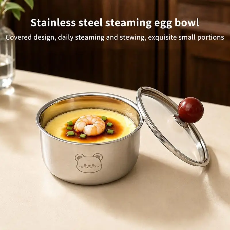Stainless Steel Egg Steaming Bowl Cute Bear Engraved Food Grade Durable For Kids Feeding Home Kitchen Use