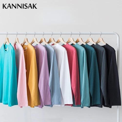 Primavera otoño mujeres camisetas de manga larga 100% algodón sólido Casual Harajuku camisa de fondo coreano sólido cuello redondo pareja camiseta