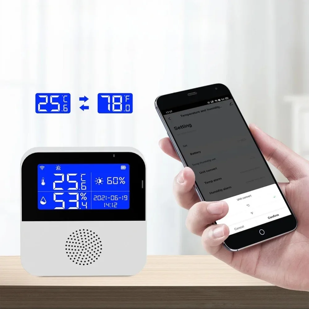 Wireless Wifi Temperature Humidity Sensor Alarm for Indoor and Outdoor Use, Compatible with Alexa