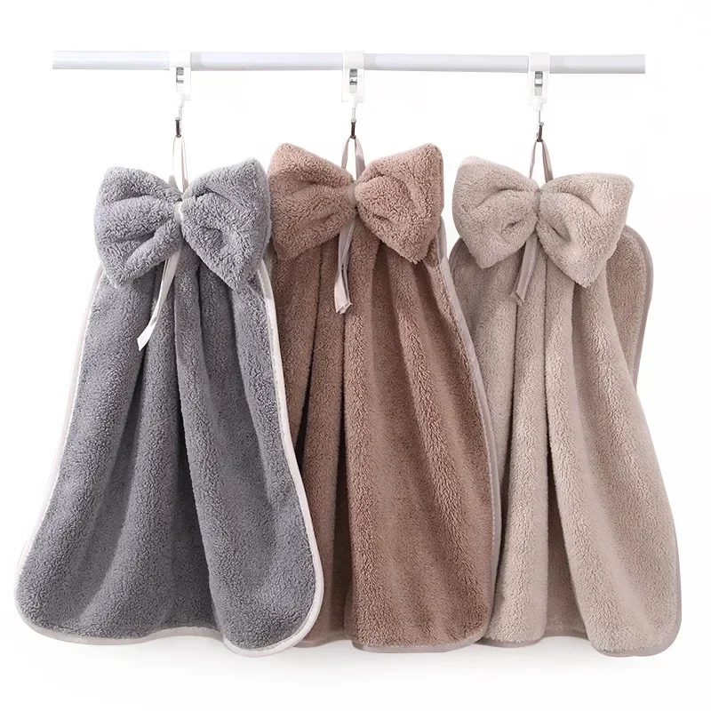 Kitchen Towel Bowknot Coral Velvet Hand Towel Soft Wipe Dishcloths Hanging Absorbent Cloth Kitchen Tools Bathroom Accessories