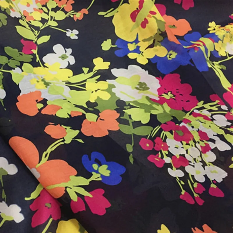 

3Meter navy blue bottom flower silk cotton fabric soft MulberrySilk clothing dress shirt summer beauty Textile sewing new