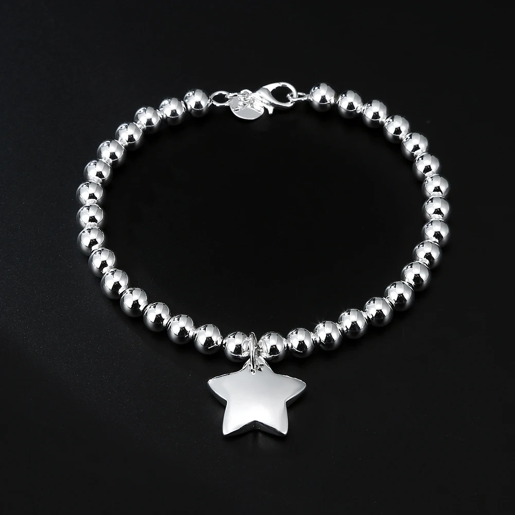 Fashionable and Charming Jewelry Women's 925 Sterling Silver Round Bead Chain 6MM Buddha Bead Hanging Tag Star Girl Bracelet