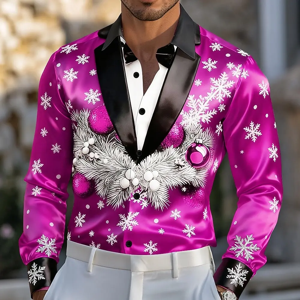 Traje de Navidad para hombre, traje con lazo estampado, camisa de esmoquin, camisa de vestir, manga larga, moda informal, fiesta al aire libre, primavera y otoño