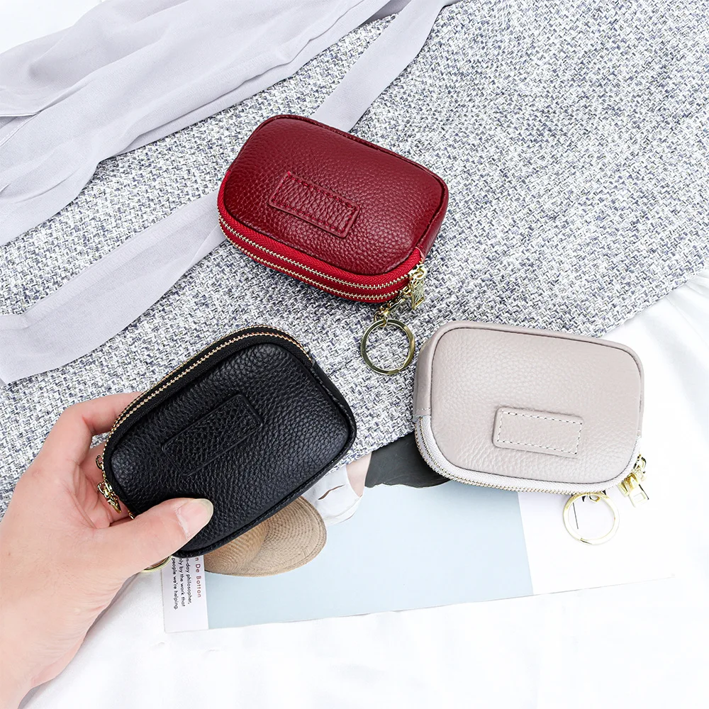 Genuine Leather  Double Layer Zipper Coin Purse Portable Key Chain Coin Lipstick Storage Bag Compact Size Suede Wallet